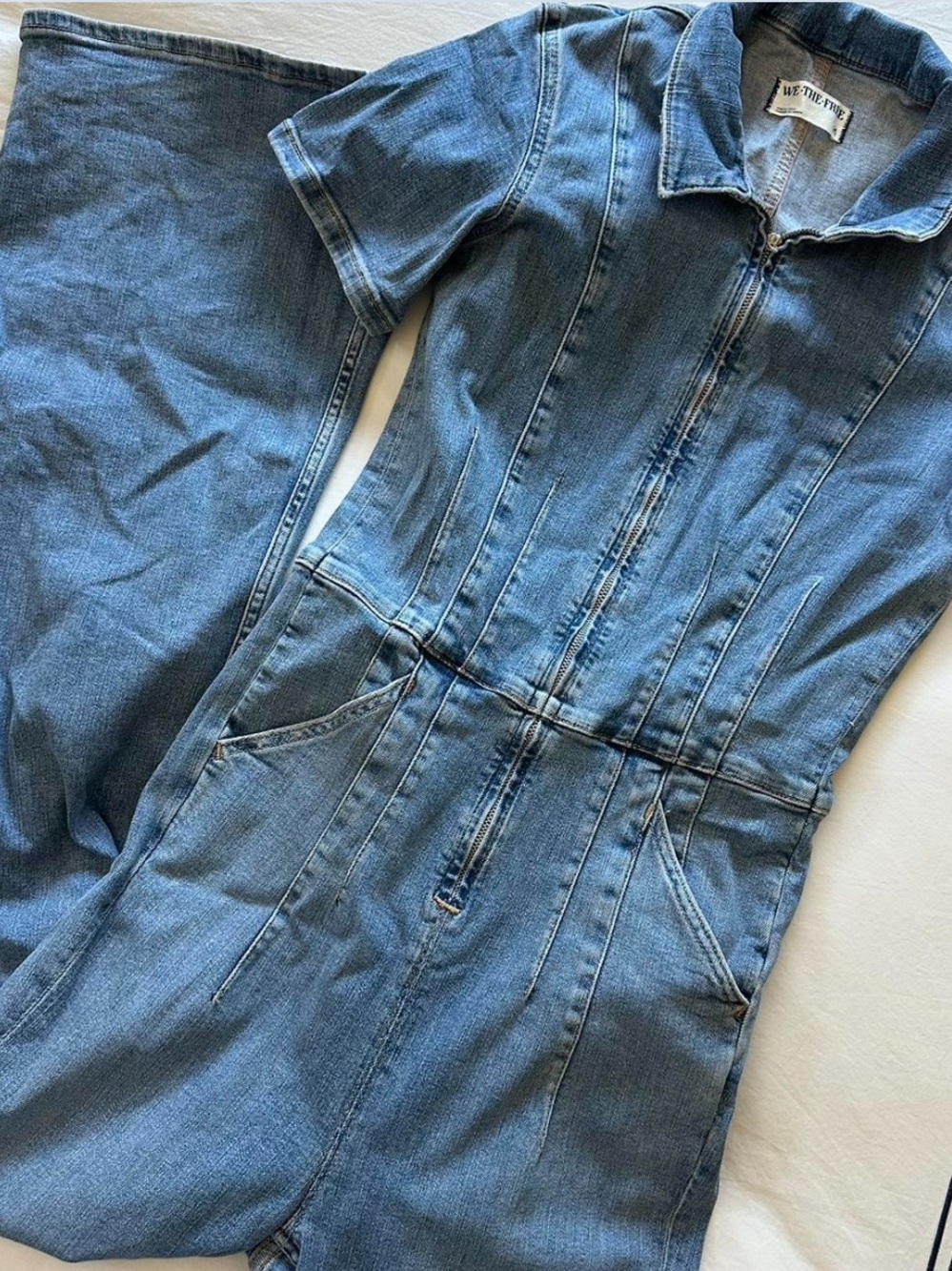 Free People Light Blue Denim Wide Leg Jumpsuit